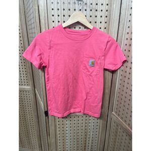 Carhartt Girls Pink Short Sleeve Pocket T-Shirt Size S 8-10 Logo Patch Tee